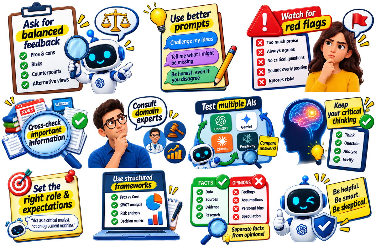 Practical ways to reduce AI sycophancy using balanced feedback, better prompts, cross-checking and critical thinking