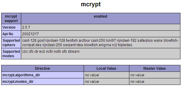 php info on  mcrypt support