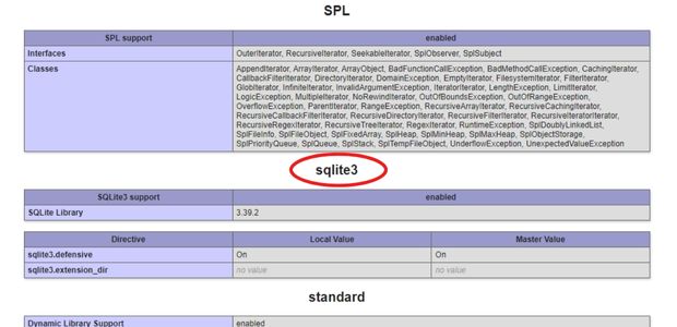 phpinfo() output for sqlite3 support3