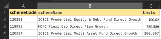 Excel file to store Scheme code name and number of units