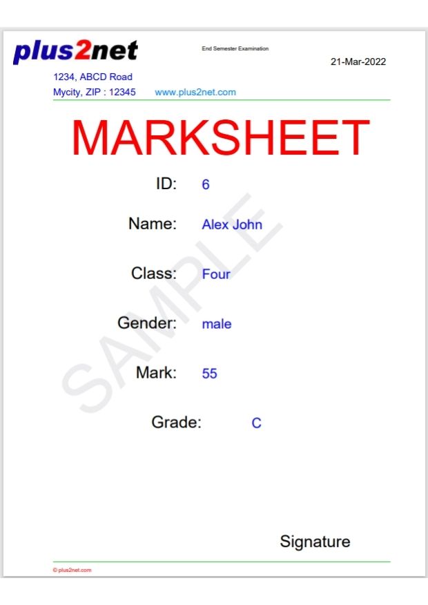 Mark sheet from database to PDF page