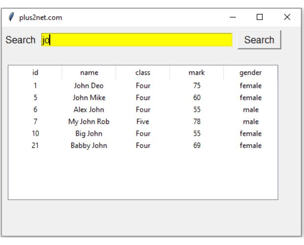 Search DataFrame and display result in Treeview