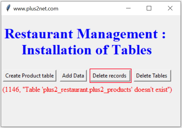 Restaurant Management Installation of table error message