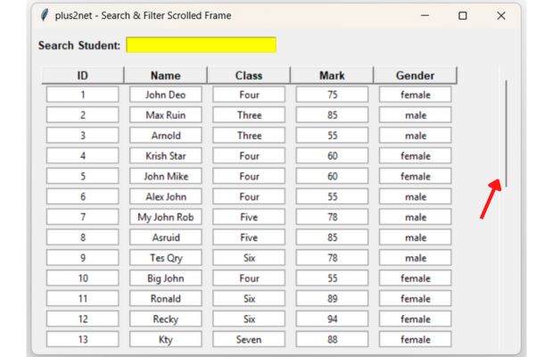 Scrolled frame with search data row