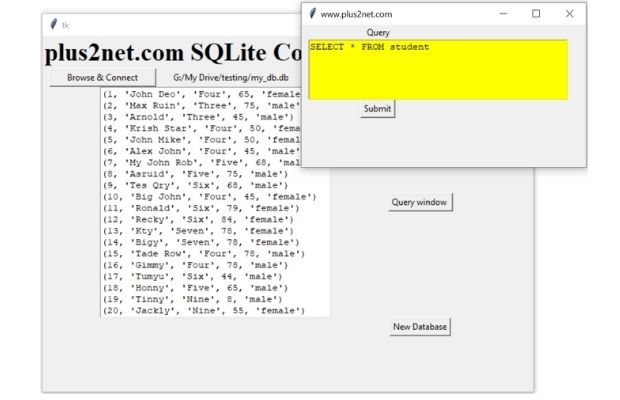 Query window for SQlite connector