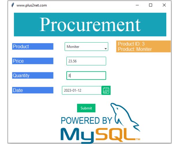 Inserting input data to Procurement table of MySQL database