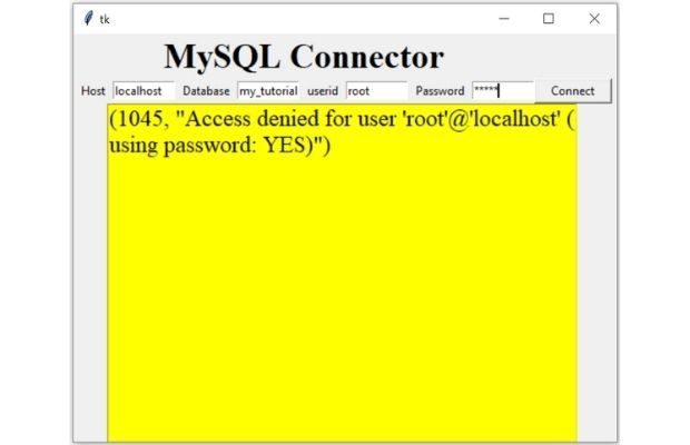Tkinter MySQL connector error message